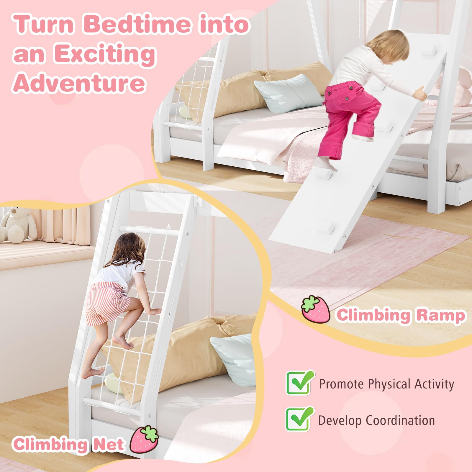 Giantex Twin Over Queen Bunk Bed, Wood House Bunk Bed for Kids with Climbing Nets and Ramp, Floor Queen Size Bunk Beds with Safety Guardrail, No Box Spring Needed, for Boys Girls Adults (White)