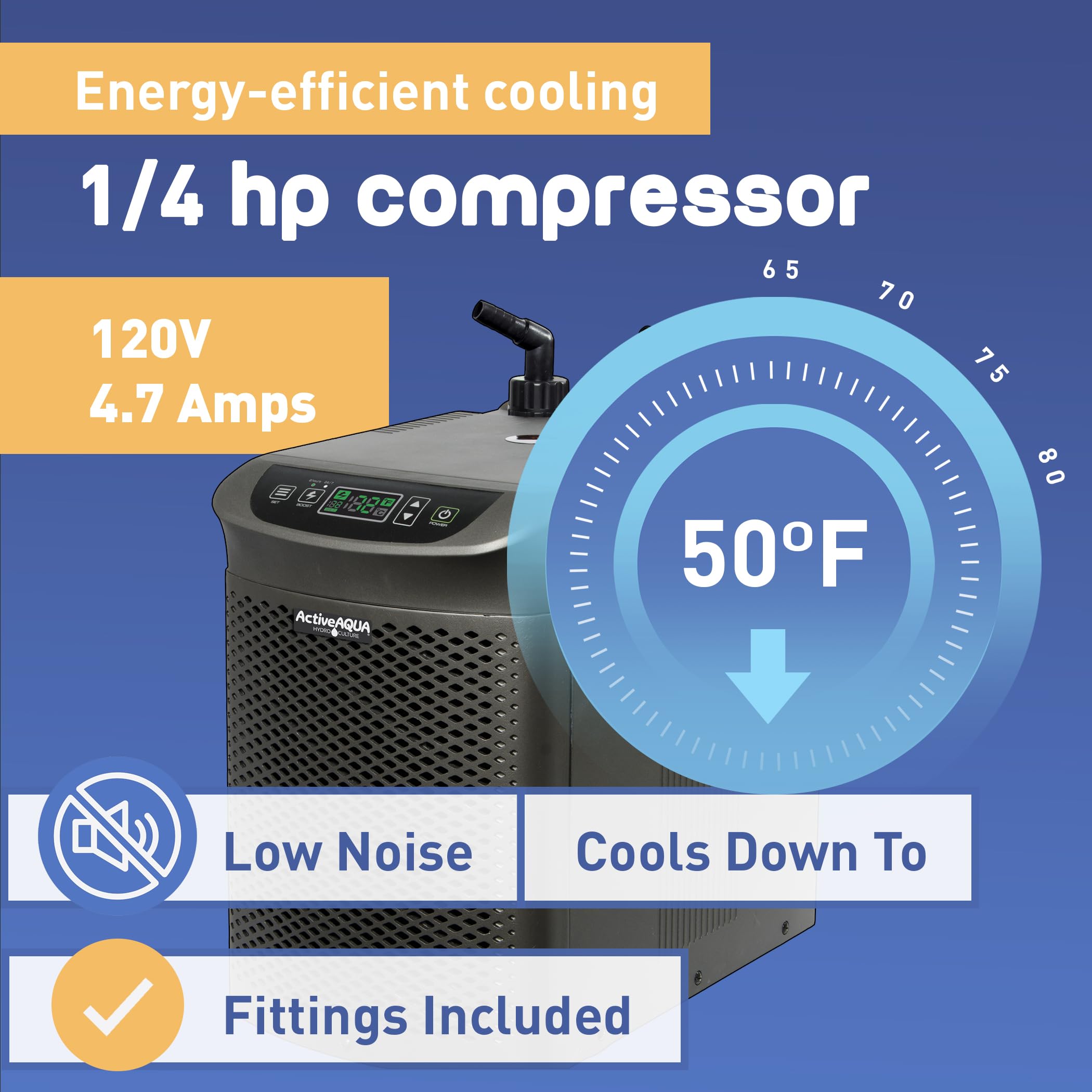 Active Aqua Hydroponic Water Chiller for Aquaponics, Plunge Baths and Aquariums, 0.25 HP - Portable Cooling System with Boost Function for 40-92 Gallon Reservoirs, Pure Titanium Evaporator Cooler