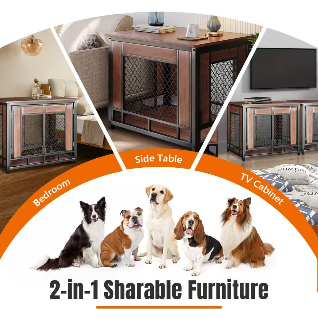 Dog Crate Furniture, 41'' Wooden Dog Kennel Furniture Indoor with Double Doors, Decorative Dog Cage End Table for Medium Large Dogs,Modern Dog Crate with Multi-Purpose Removable Tray,Rustic Brown