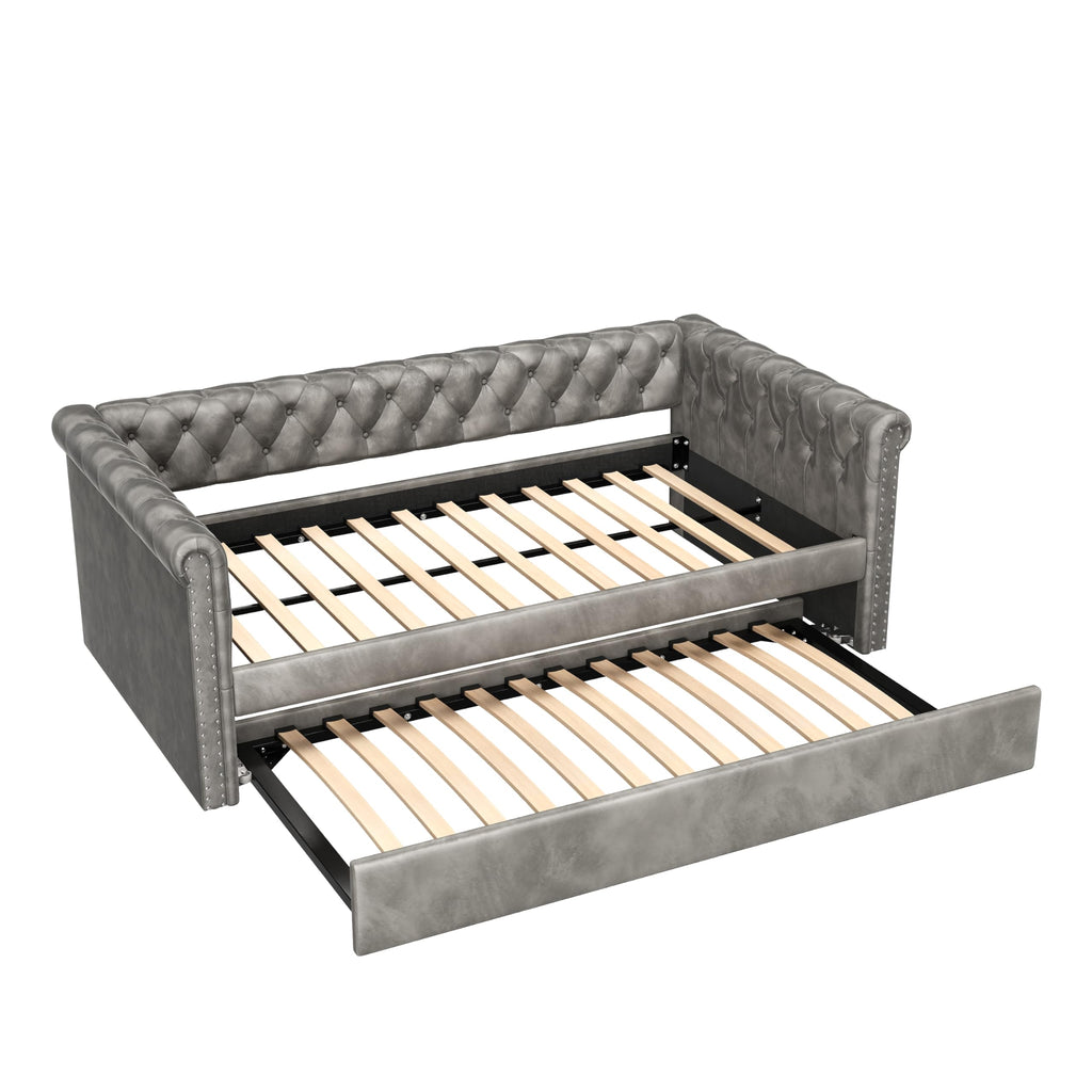 Christopher Knight Home Upholstered Daybed with Trundle, Twin Size Trundle Sofa Bed, Couch Bed with Backrest and Curved Armrests, No Box Spring Needed, for Living Room, Bedroom and Guest Room, Grey