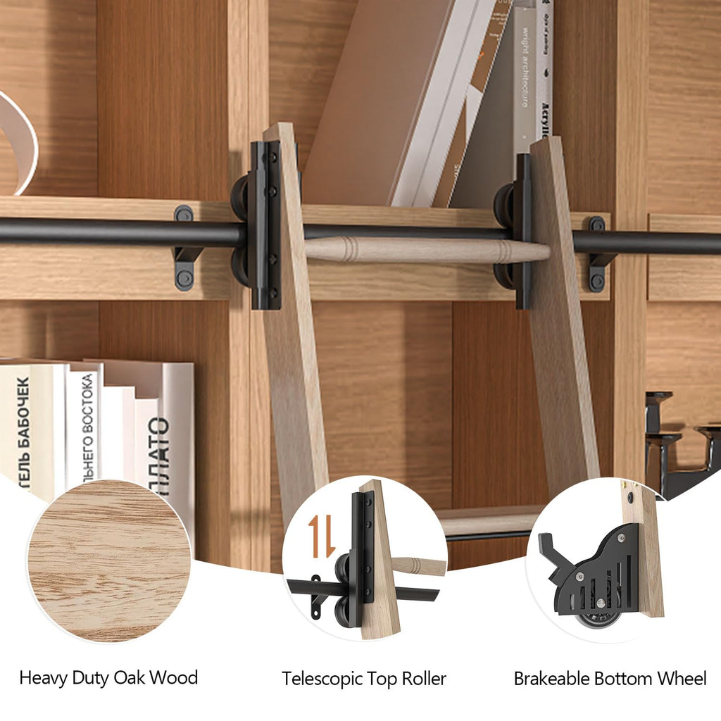 LKCBITION 87inch Heavy Duty Oak Wood Ladder with 4ft Telescoping Top Rollers & Bottom Brake Wheels Sliding Hardware, Rolling Library Ladder for Loft, Attic, Bookshelf