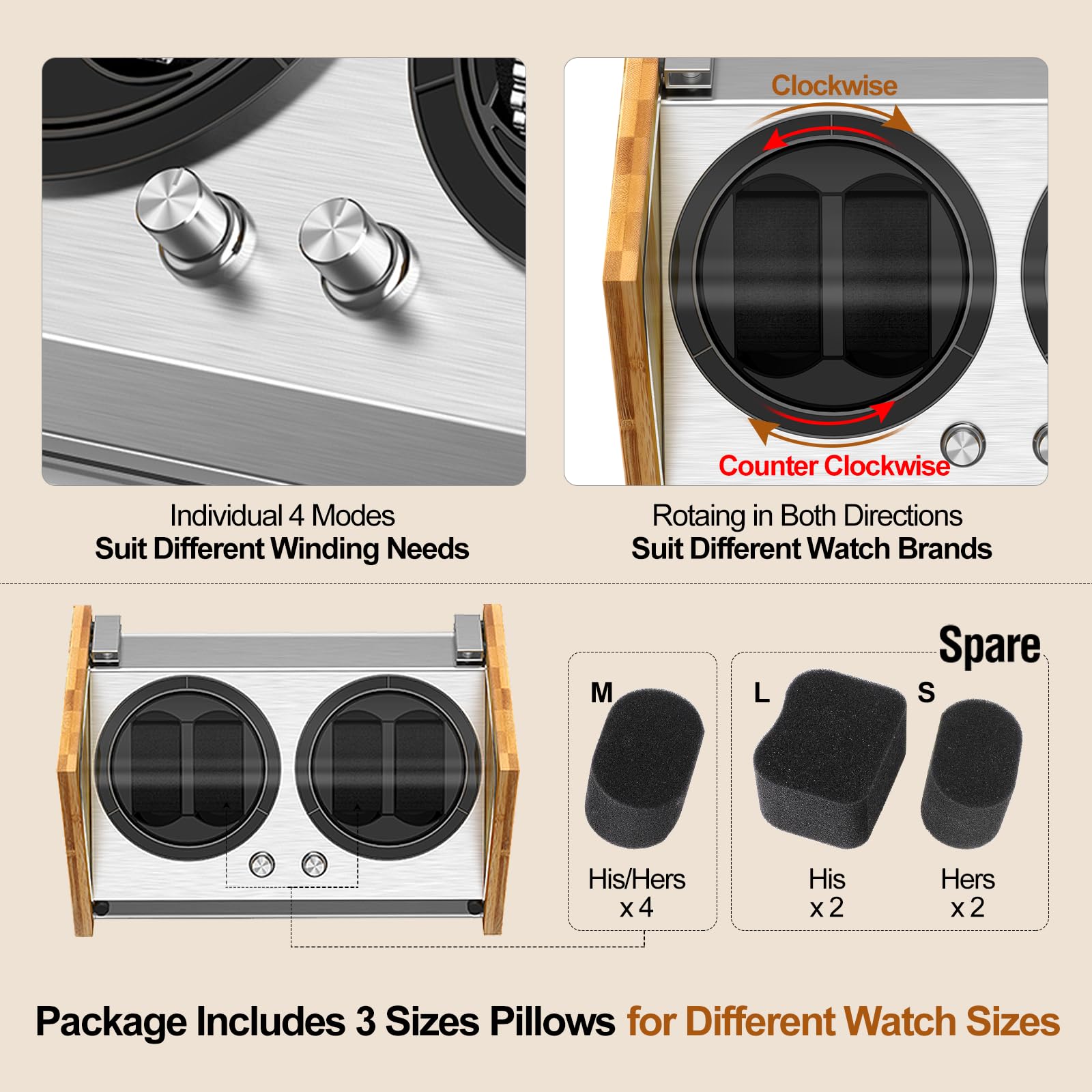 Watch Winder Smith Real Bamboo 4 Watch Winders for Automatic Watches, Precision Engineered Quiet 4 Modes Rotation and Dual Power Flexibility AC/DC