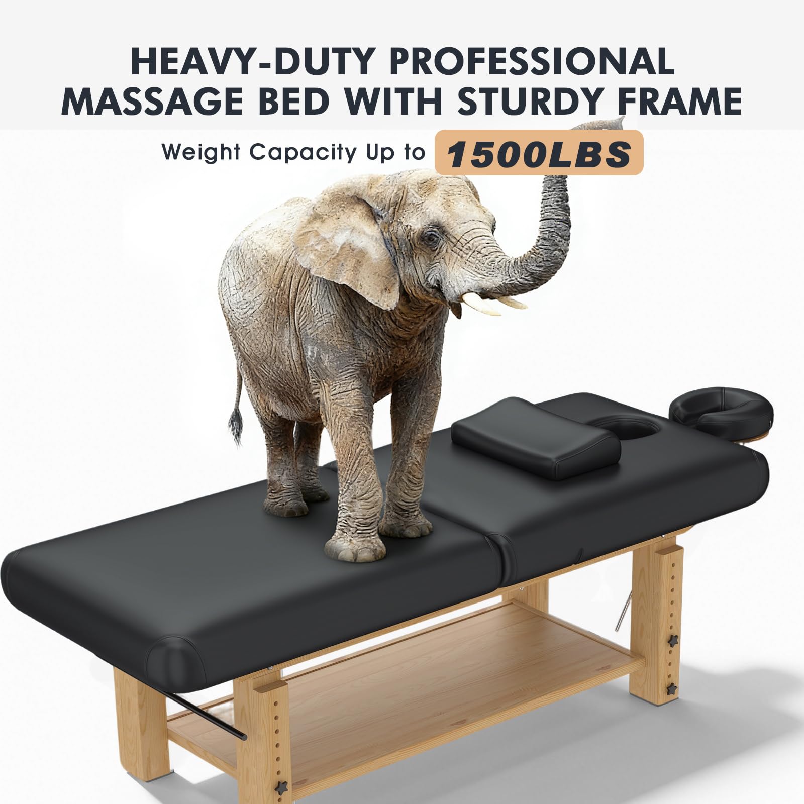 Heavy Duty Massage Table, Wooden Stationary Spa Bed with Adjustable Height & Backrest, PU Leather Professional Physical Therapy Facial Table with Face Pillow, Storage Shelf,1500 LBS Capacity