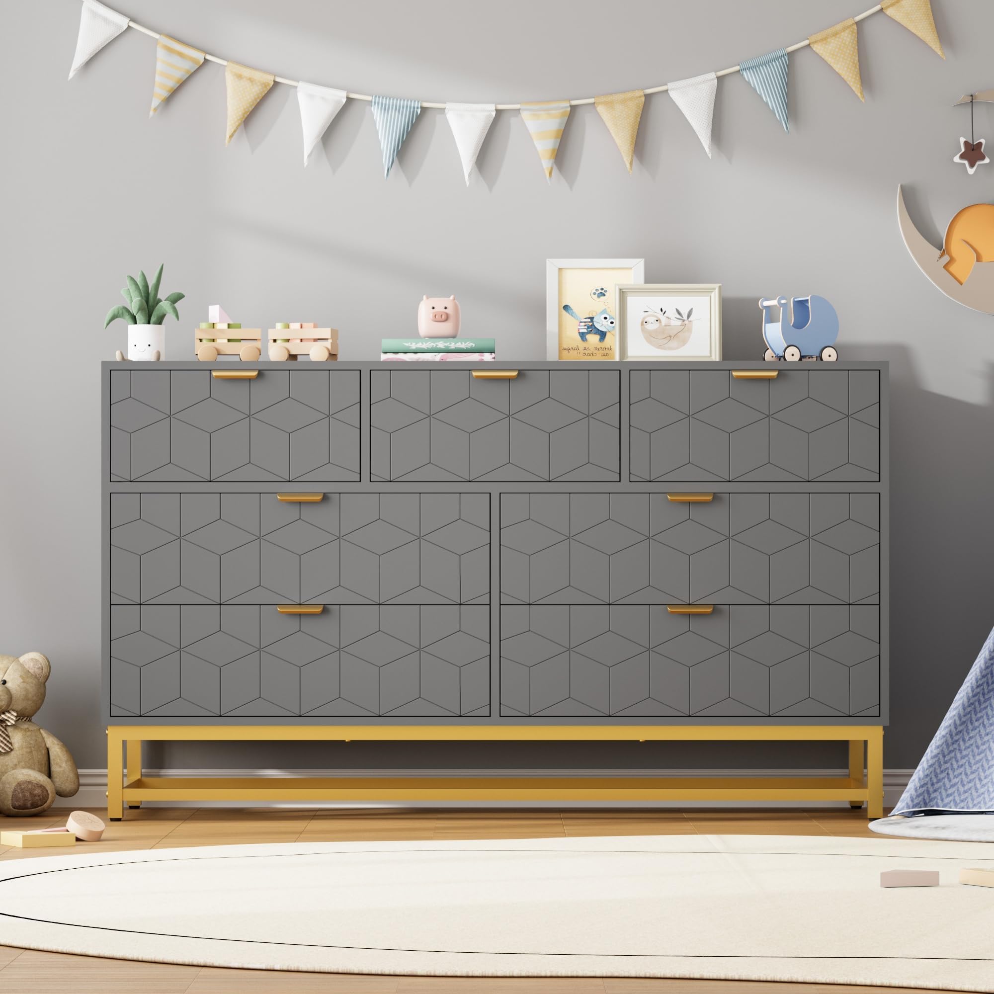 Dresser for Bedroom, 53.5" Wide Dresser Organizer, 7 Drawer with Golden Metal Handle and Legs, Modern Chest of Drawers for Closet, Hallway, Living Room, Entryway, Grey