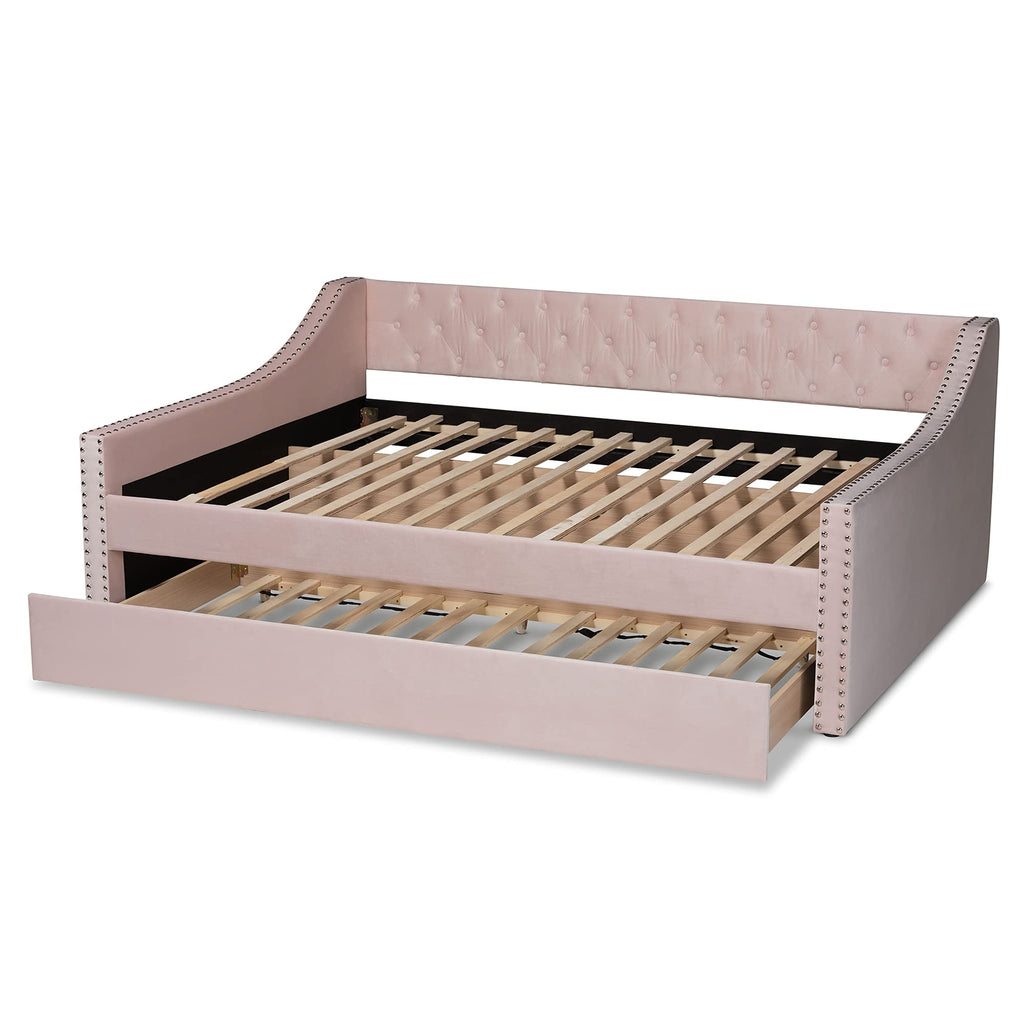 Baxton Studio Raphael Modern and Contemporary Pink Velvet Fabric Upholstered Full Size Daybed with Trundle