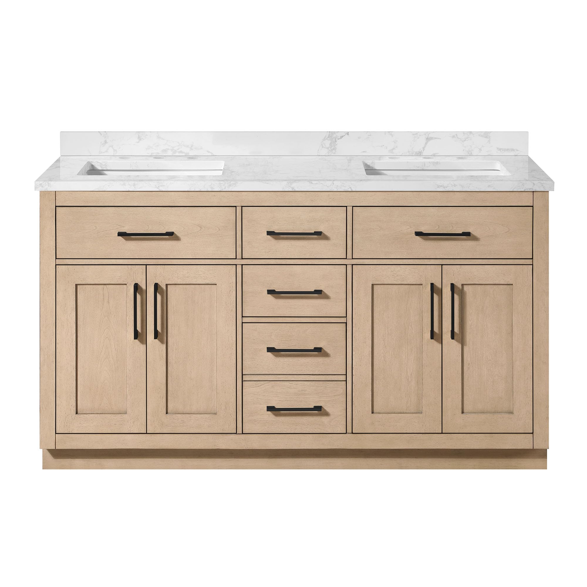 OVE Decors Athea 60 in. Double Sink Freestanding Sahara Birch Bathroom Vanity with White Engineered Marble Top, Matching Backsplash and Power Bar