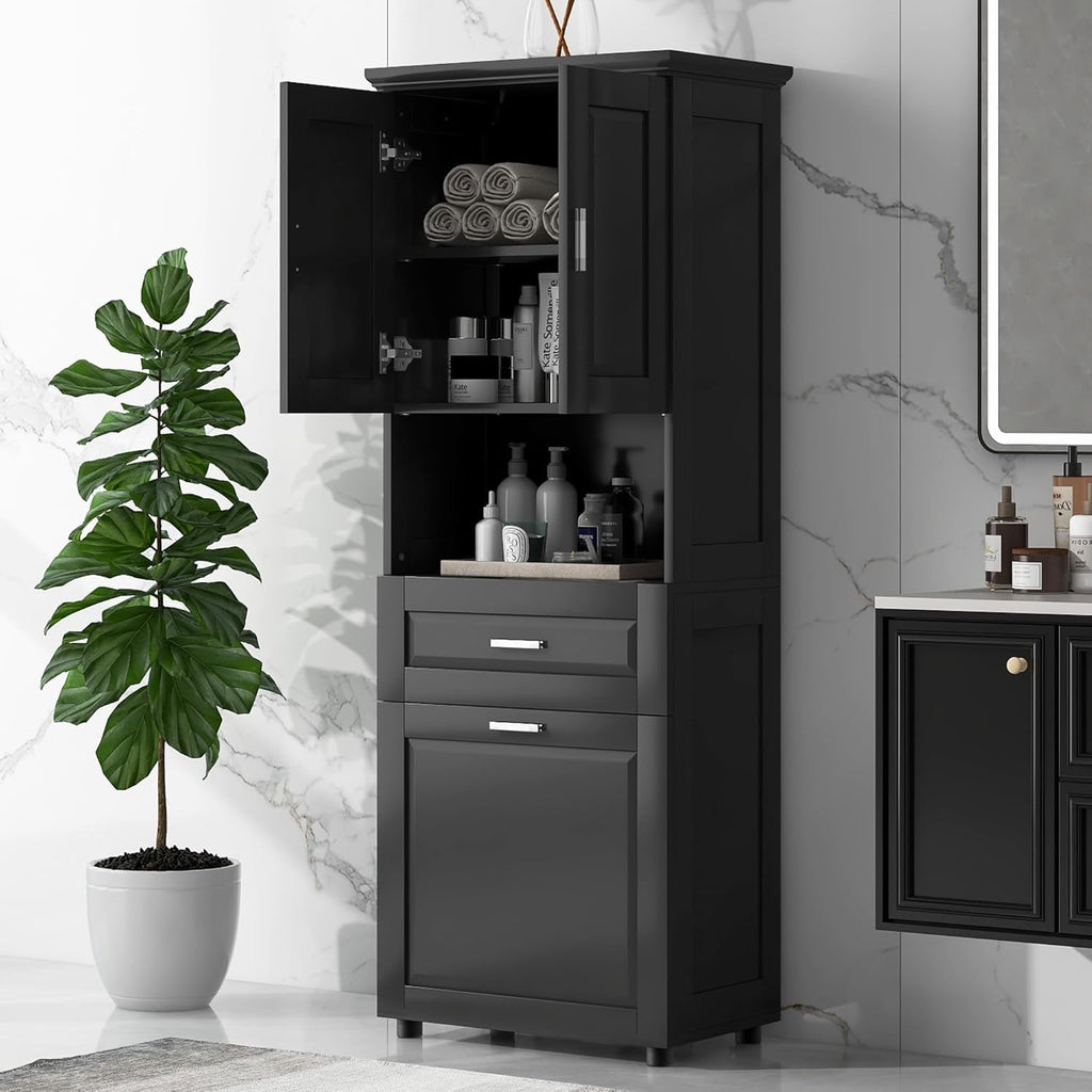 Virubi Laundry Cabinet with Tilt Out Laundry Hamper and Drawer, Wood Tall Bathroom Storage Cabinet with Doors and Adjustable Shelves, Freestanding (Black)