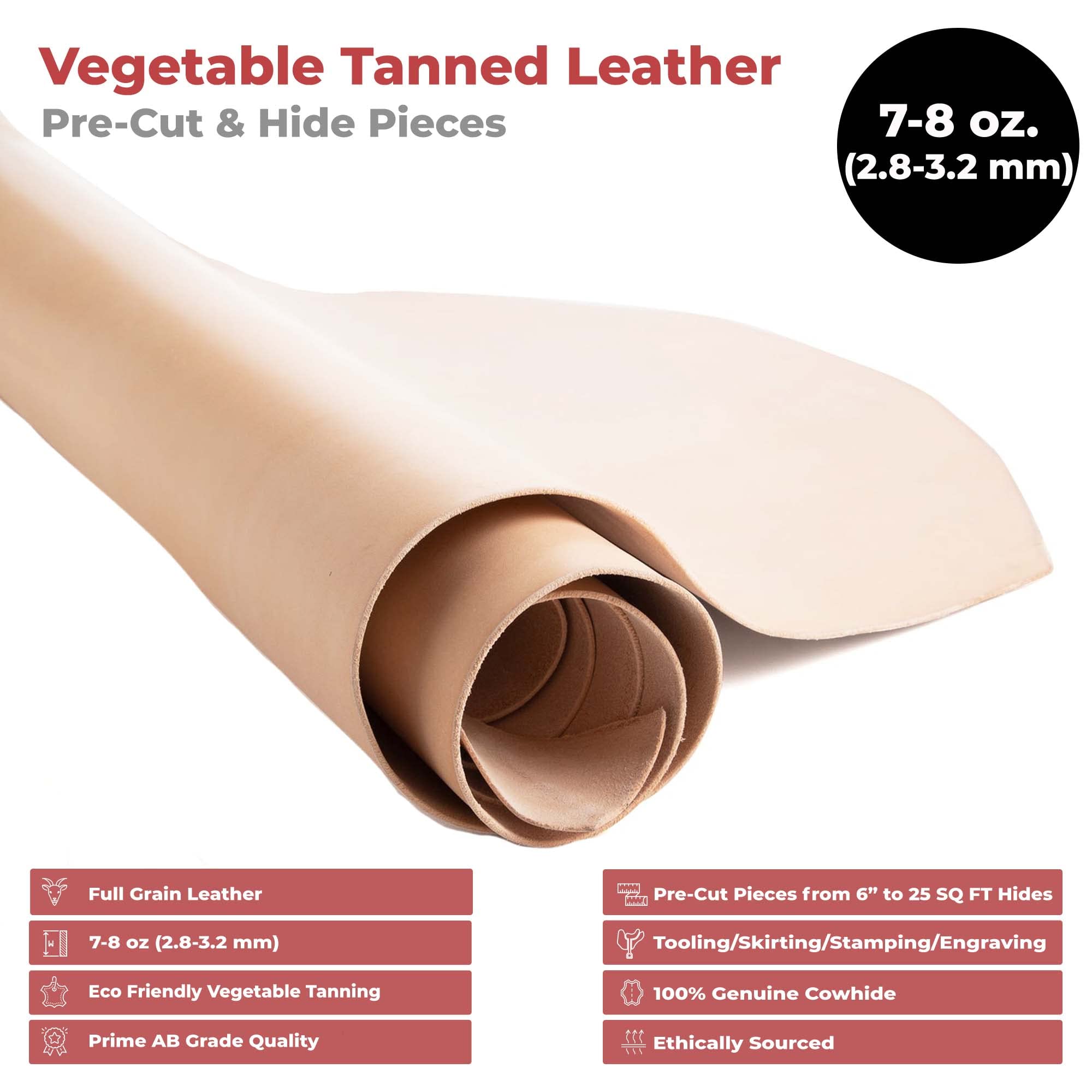 ELW 7-8 oz.(3-3.2 mm) Thickness Pre-Cut Square 18-20 SQ FT, Tooling Leather Vegetable Tanned Full Grain Leather - Cowhide Leathercraft for Holsters Knife Sheaths Coasters Molding Emboss Stamp Cases