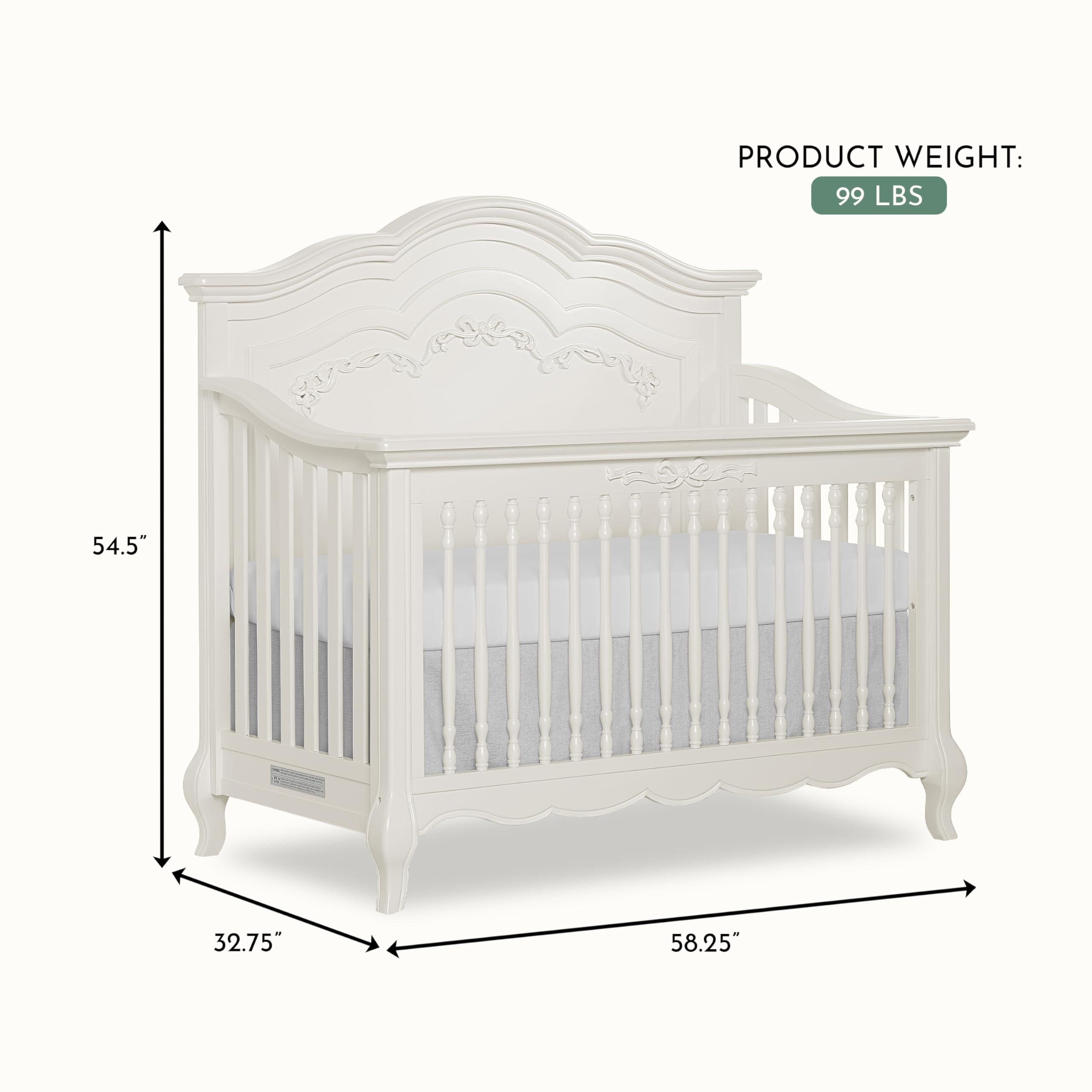 Evolur Aurora 5-in-1 Convertible Full-Size Baby Crib in Ivory Lace, GreenGuard Gold & JPMA, 3 Mattress HeightsRibbon Bow Scrollwork & Queen Anne Feet, Converts to Toddler, Day & Full-Size Bed