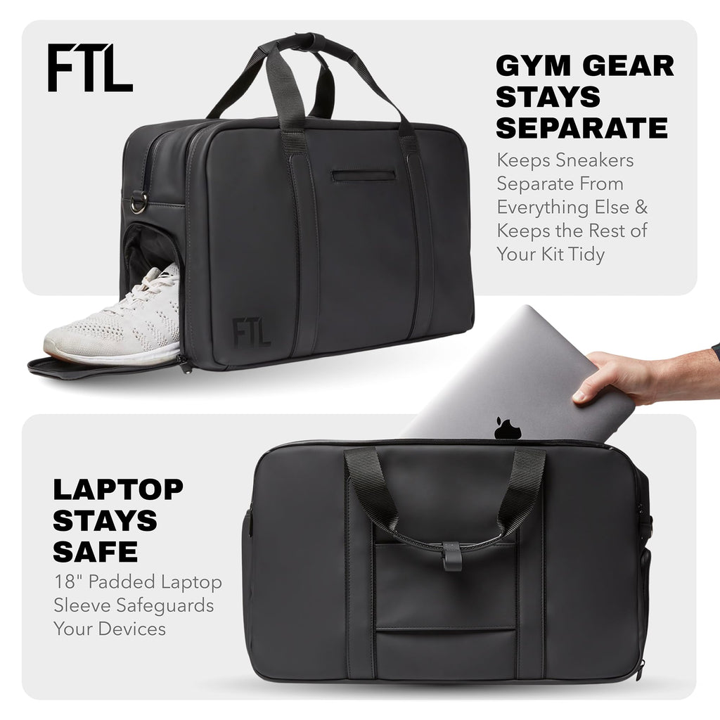The FTL Pro Mens Travel Bag - 30L Premium Work to Gym Weekender Duffel with Garment Bag, Shoe Space & 18" Laptop Sleeve - Organized Athletic Business Carry On Hybrid, Fits Under Airplane Seat - Black