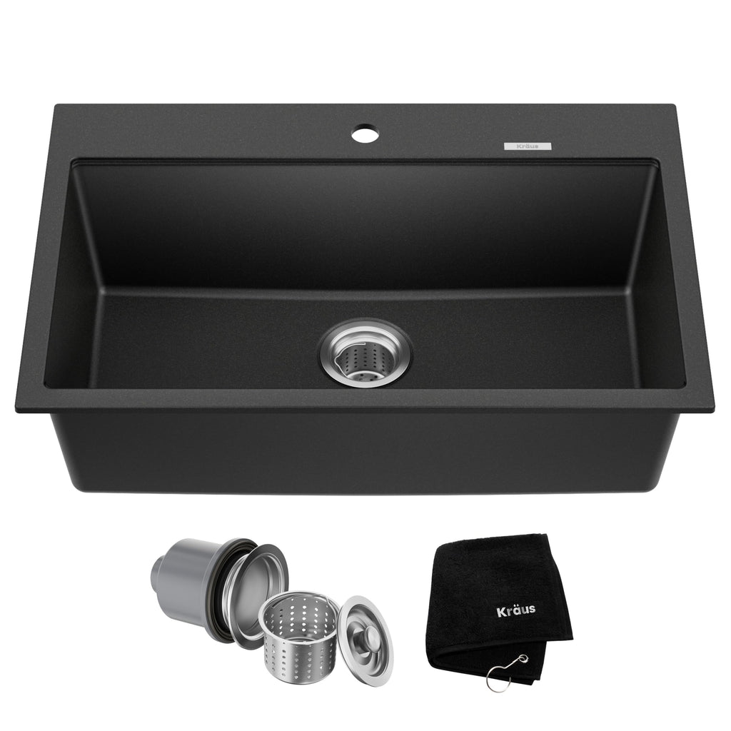 KRAUS Quarza 31-inch Drop-In/Undermount Single Bowl Granite Kitchen Sink in Black Onyx, KGD-412B
