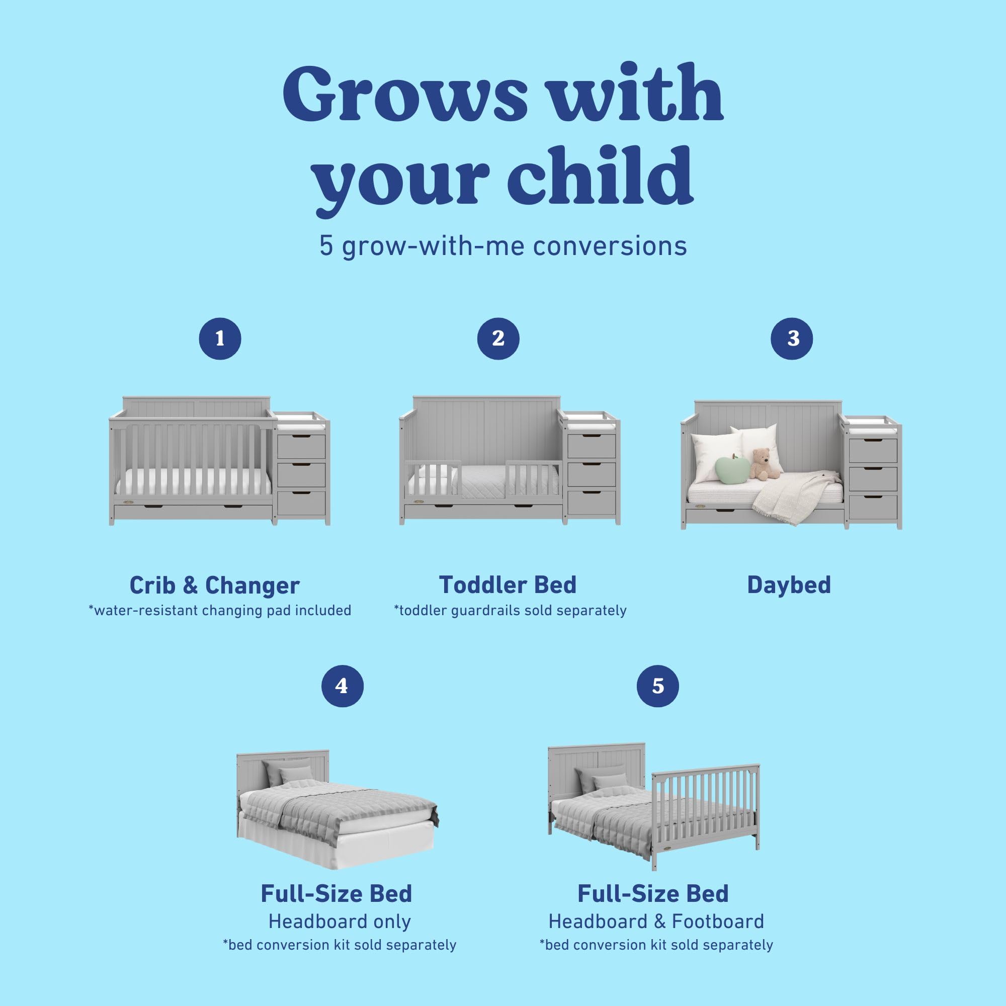 Graco Hadley 5-in-1 Convertible Crib & Changer – GREENGUARD Gold Certified, Fits Standard Crib Mattress, Converts to Toddler Bed and Full Bed, 4 Adjustable Mattress Heights (Pebble Gray)