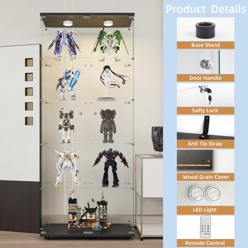 Beauty4U Glass Display Cabinet with Lights, 5 Shelves with 2 Doors, Curio Cabinets for Living Room, Bedroom, Office, Black Floor Standing Glass Bookshelf, Quick Installation