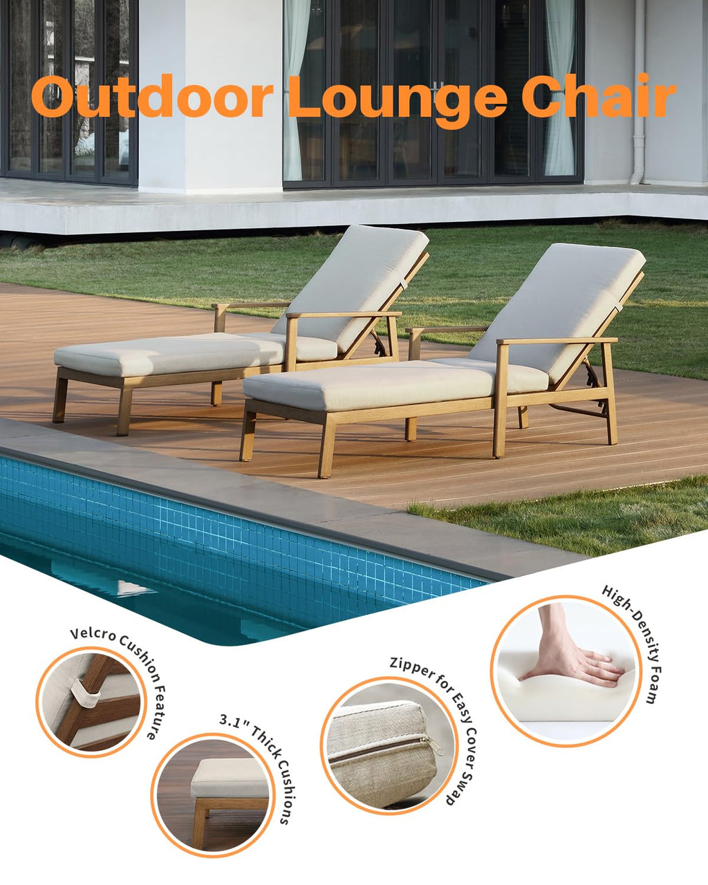 SEEHILL 2-Pack Teak Chaise Lounge Chairs, Never Rust Aluminum Outdoor Pool Lounge Chair Set with Gray Cushions, 6-Position Adjustable Patio Loungers, Outdoor Lounge Chairs for Poolside, Beach, Yard