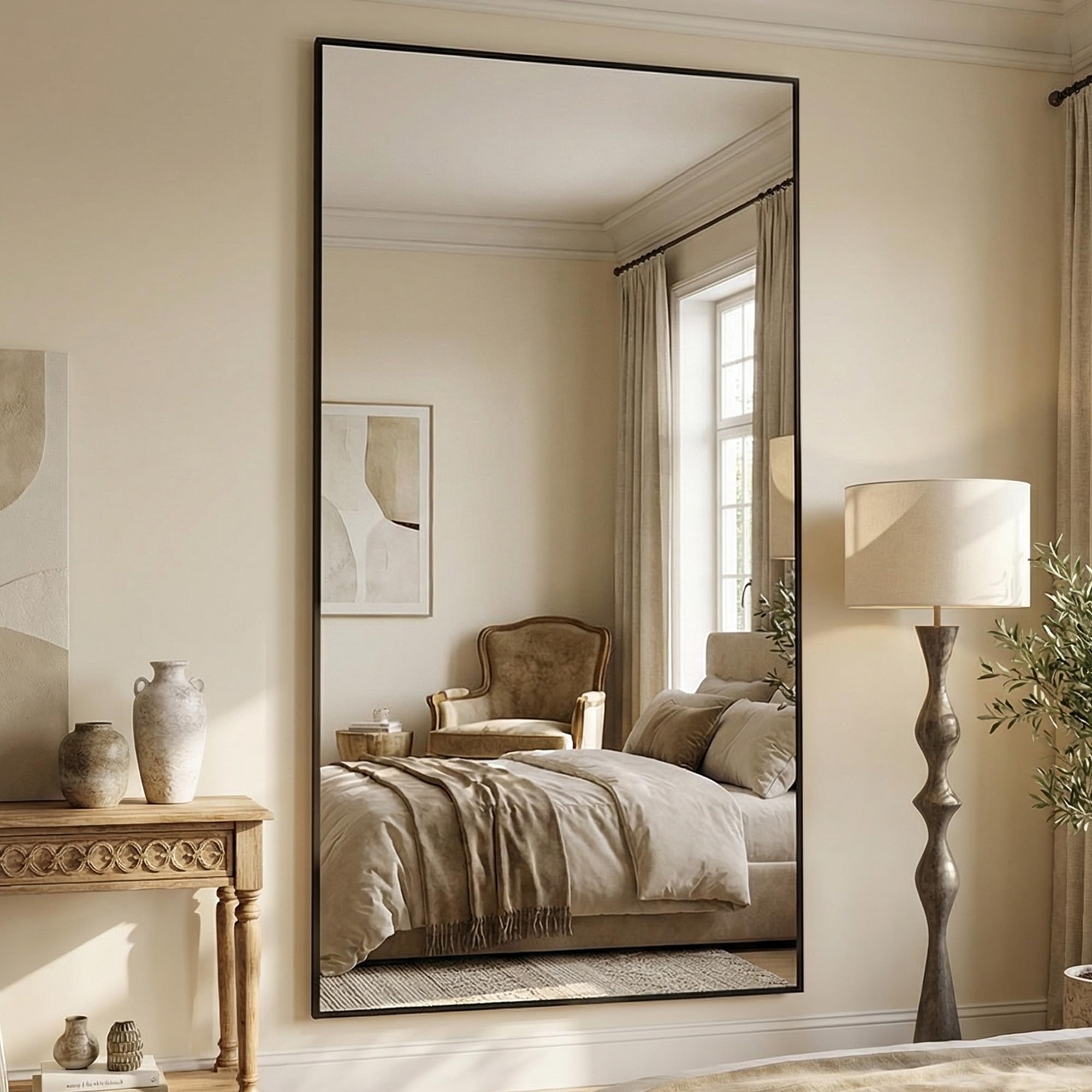 Antok 82''x44'' Full Length Mirror, Shatterproof HD Oversized Floor Mirror with Stand, Aluminum Alloy Frame Leaning Standing or Wall Mounted Mirror for Bedroom Living Room Entryway, Black