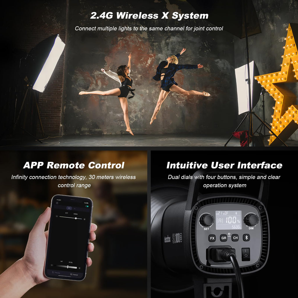 Godox 2PACK SL100Bi Professional COB LED Video Lighting Kit Bi Color Continuous Light Kit with 2*Light Stand 2* Softbox 1 * 5 in 1 Reflector 1*Carry Bag Studio Light for Photography Studio Shooting