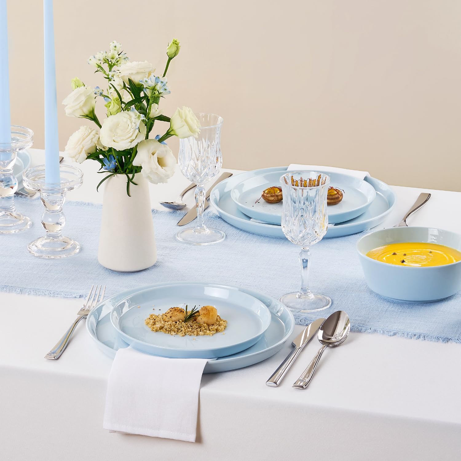 KINGSTONE Bone China Dinnerware Sets for 8, 24-Piece Lightweight Porcelain plates and bowls sets, Scratch Resistant Dish Set, Modern Kitchen Dinner Set, Microwave & Dishwasher Safe, Sky Blue