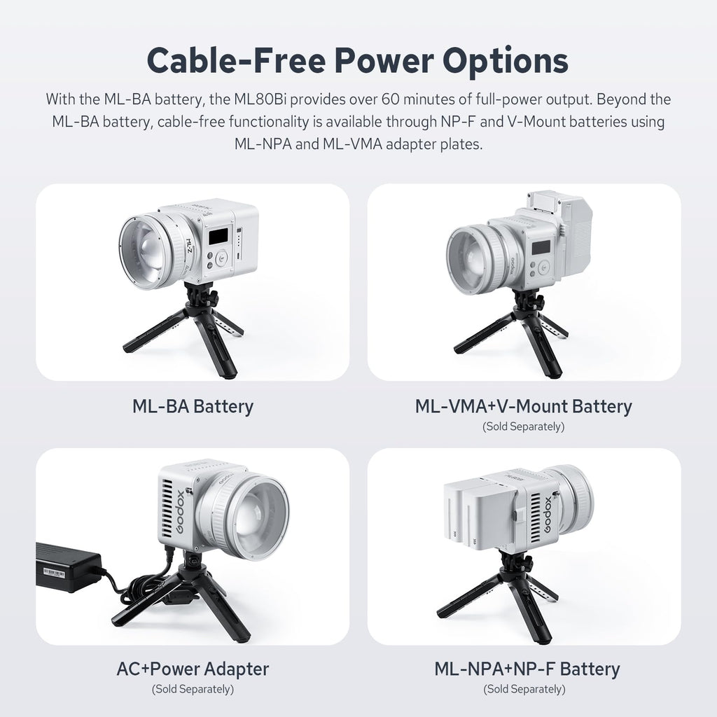 Godox ML80Bi COB Video Light w/95Wh Detachable Battery, Brighter Bi-Color Led Video Light 29600lux@5600K 1m, CRI 96, 2800K-6500K,11FX, Dimming 0%~100%, Portable Continuous Output Lighting Photography