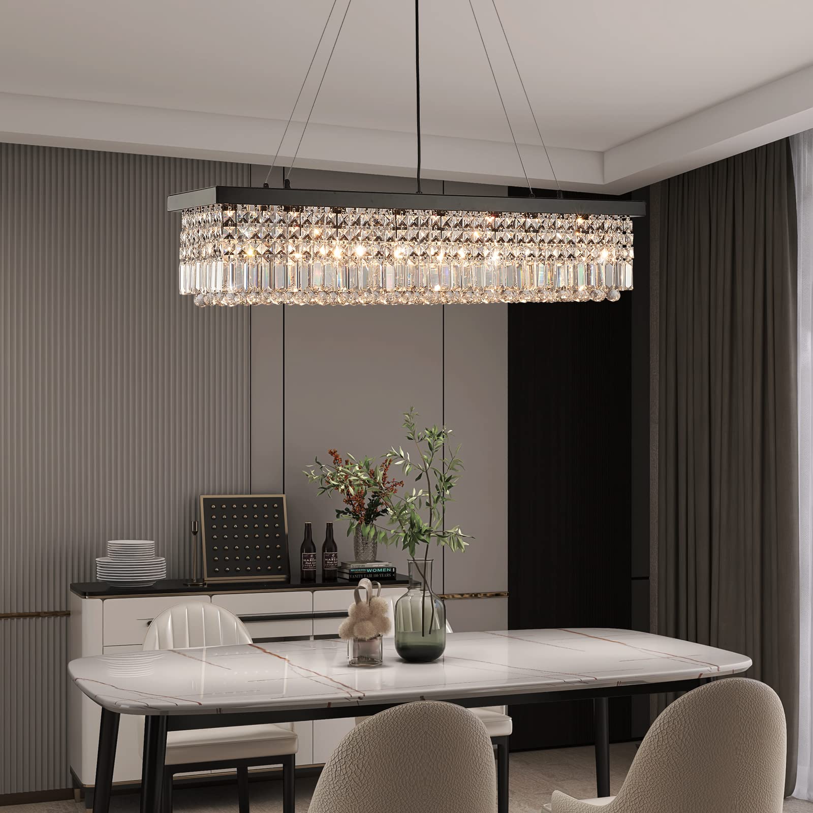 7PM Rectangle K9 Crystal Chandelier Modern Rectangular Pendant Lighting Fixture for Dining Room Kitchen Island Bedroom Black L47'' x W10'' x H10''