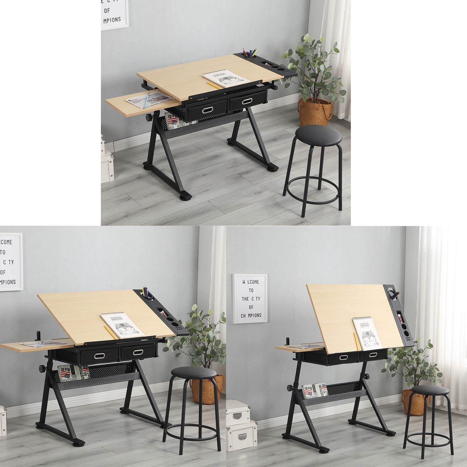 4everwinner Height Adjustable Drafting Desk Drawing Table Tiltable Tabletop with Stool and 2 Storage Drawer for Reading, Folding Draft Table Painting Writing Art Craft Desk Work Station (Wood)