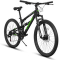 26 Inch Mountain Bike, 21-Speed Mountain Bicycle with Full Suspension and Dual Disc Brakes Thumb Shifter, High Carbon Steel Frame MTB Bike for Teenagers Adult Men Women Trail Commuter, Black-Green