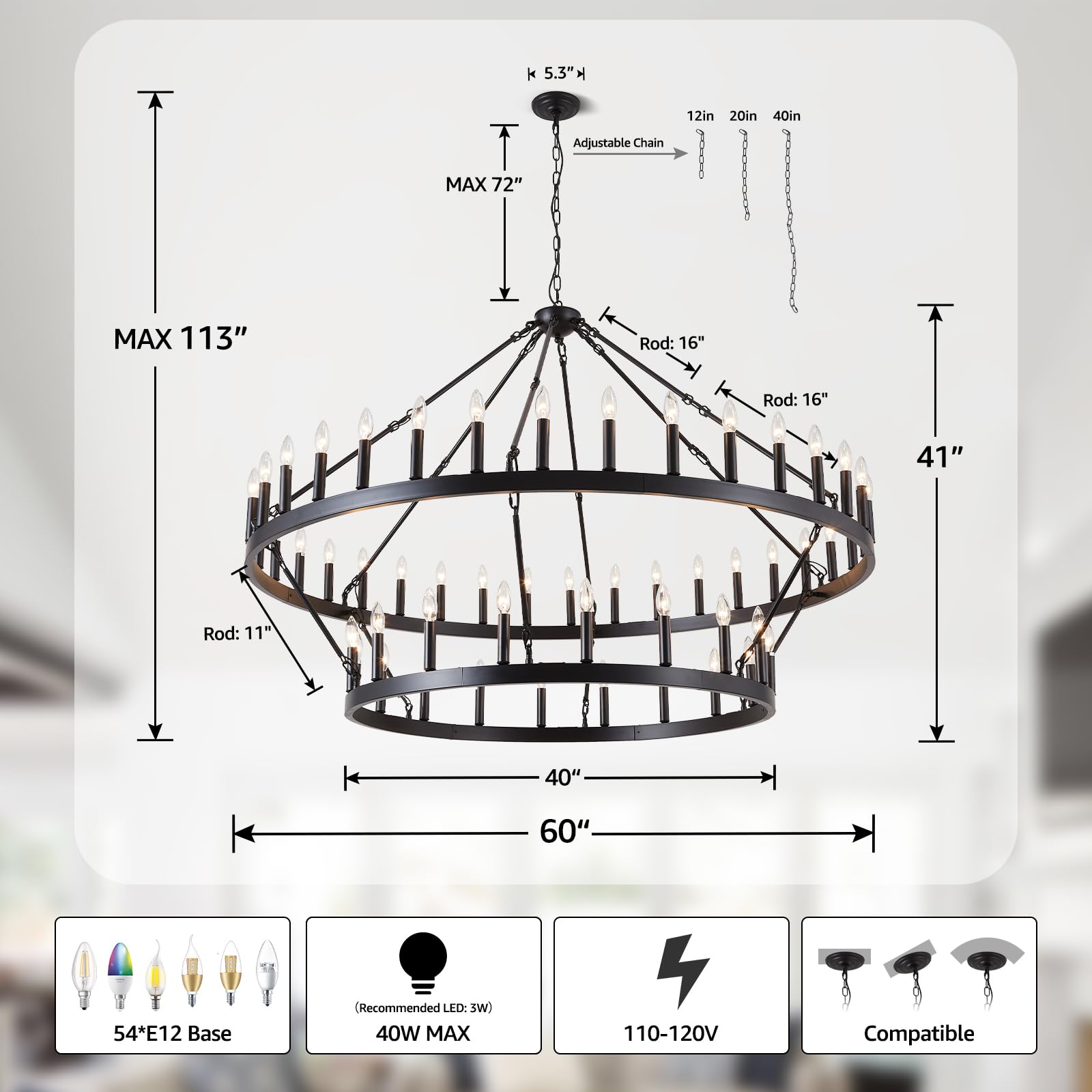 VBKK 60-Inch Black Extra Large Wagon Wheel Chandelier, 2 Tier 54-Light Farmhouse Chandeliers Industrial Round High Ceiling Pendant Light for Dining Room, Living Room, Entryway, E12