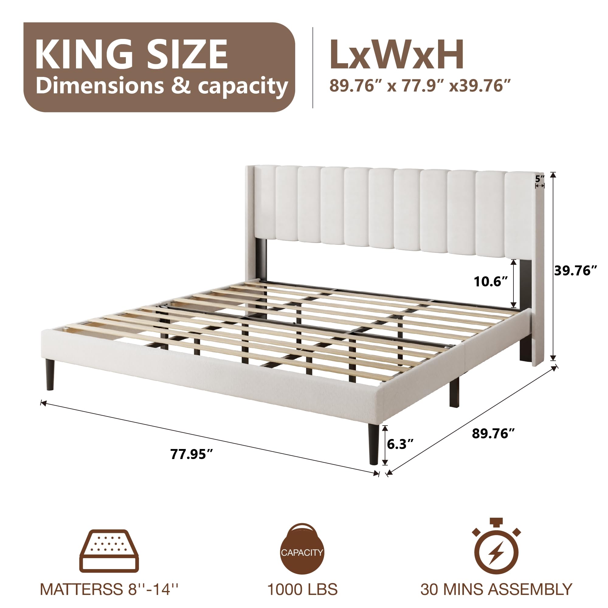 HAOARA King Size Velvet Bed Frame and Vertical Chanel Tufted Headboard, Upholstered Platform Bed wtih Wingback, No Box Spring Needed, Strong Wooden Slats, White