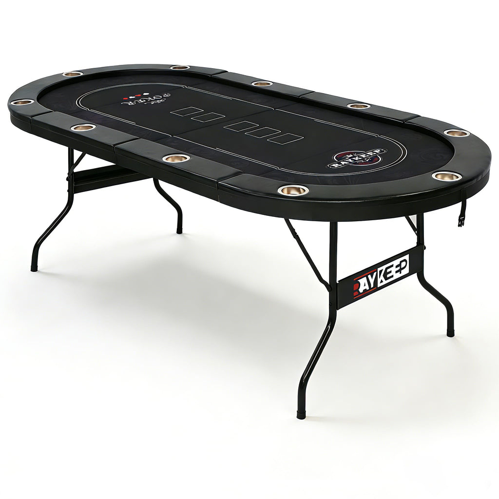 RAYKEEP 10 Player Poker Table Foldable, 84" Folding Blackjack Texas Holdem Table, Portable Casino Leisure Card Board Game Table with Cup Holders and Padded Rails for Game Room (Black)