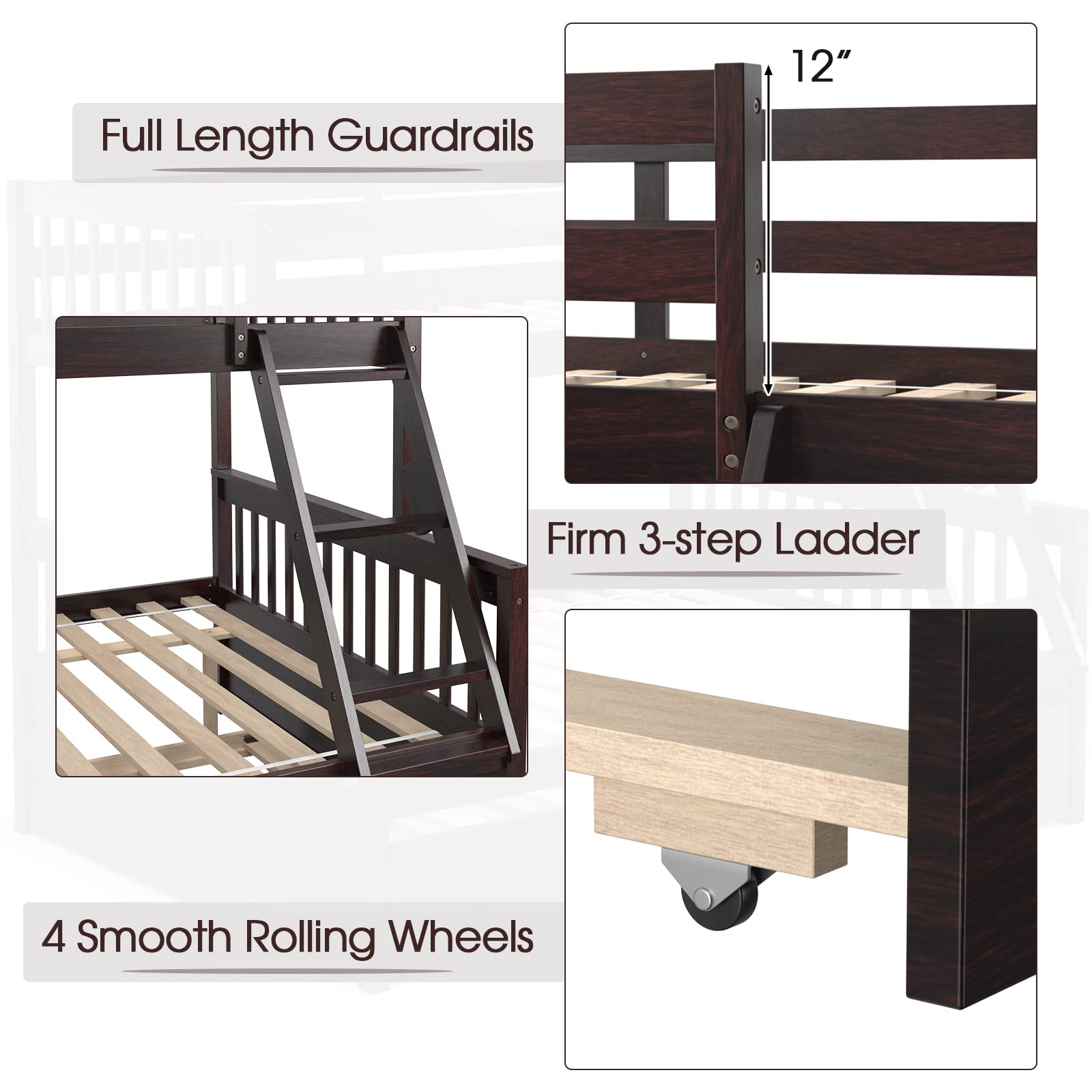 Giantex Twin Over Full Bunk Bed with Trundle, Convertible Platform Bed Frame with Ladder, Solid Wood Frame & Safety Guardrails, Space-Saving Bunk Bed for Teens & Kids, No Box Spring Needed, Espresso
