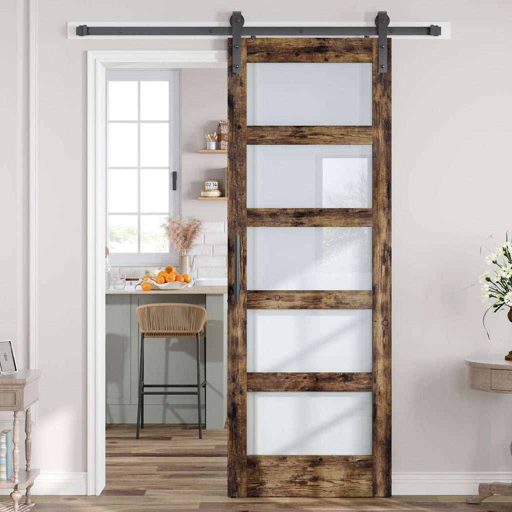 ROYMELO 32x84 Inch Glass Sliding Barn Door Slab and 5.5ft Hardware Kit Included, 5 Frosted Glass, LVL Wood Panel Covered with Brown Water-Proof Scratch-Proof PVC Surface, Simple DIY Assembly