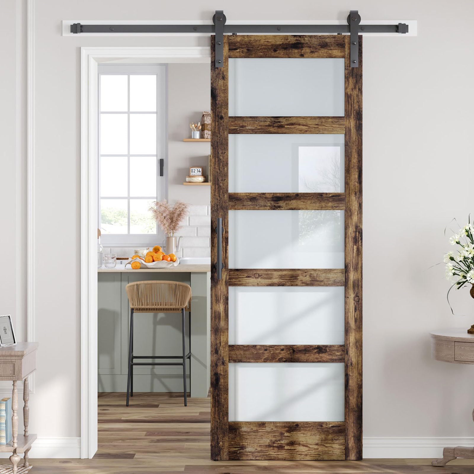 ROYMELO 32x84 Inch Glass Sliding Barn Door Slab and 5.5ft Hardware Kit Included, 5 Frosted Glass, LVL Wood Panel Covered with Brown Water-Proof Scratch-Proof PVC Surface, Simple DIY Assembly