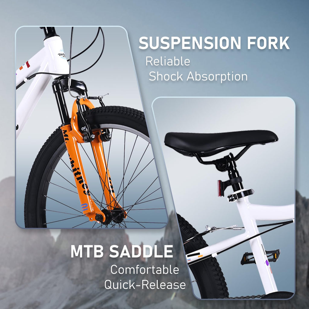 vollsch 24 Inch Kids Mountain Bike for 9-15 Years Old Boys Girls Teens 6-Speed Child MTB Bicycle with Front Suspension Fork, White with Orange Fork