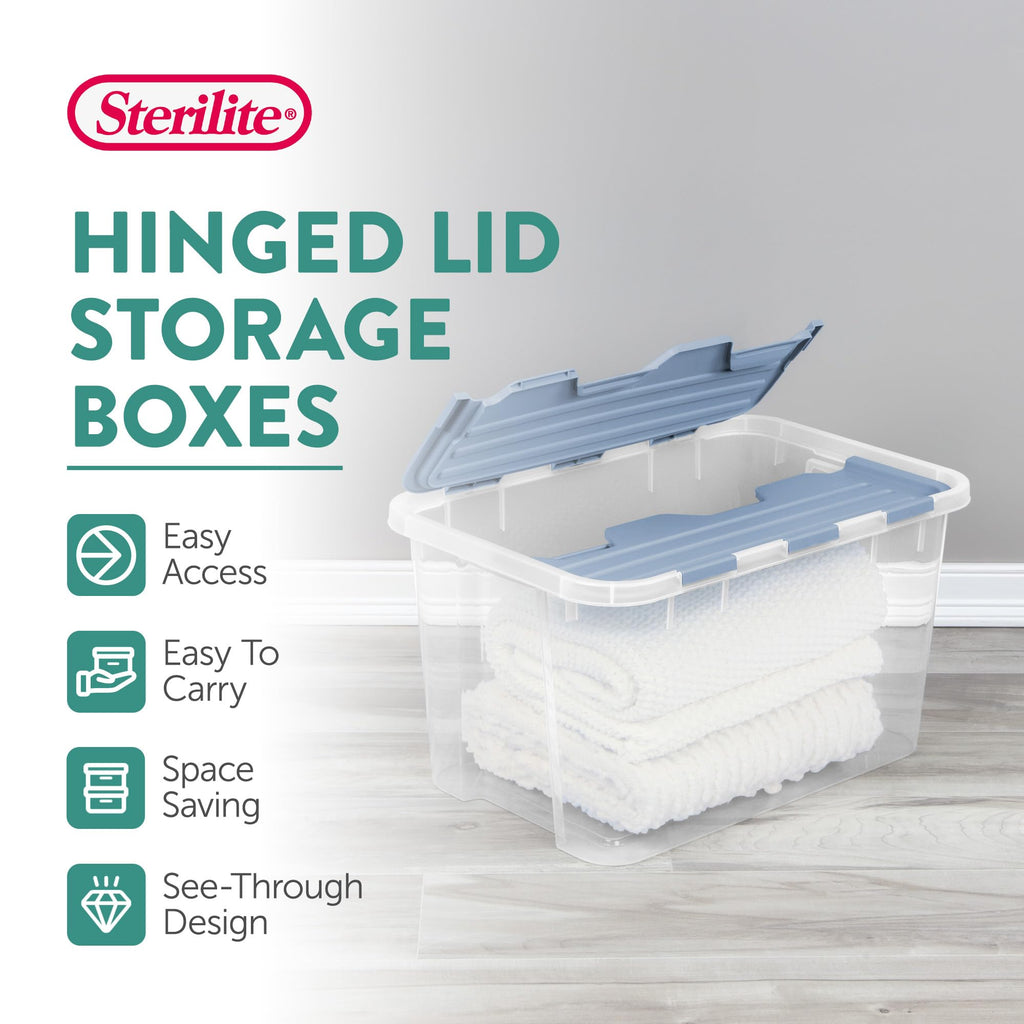 Sterilite 24 Pack Hinged Lid Storage Box, 60 Qt Plastic Container, Washed Blue - Home Organizer Tote for Storing Shoes, Crafts, Clothing, or Decor
