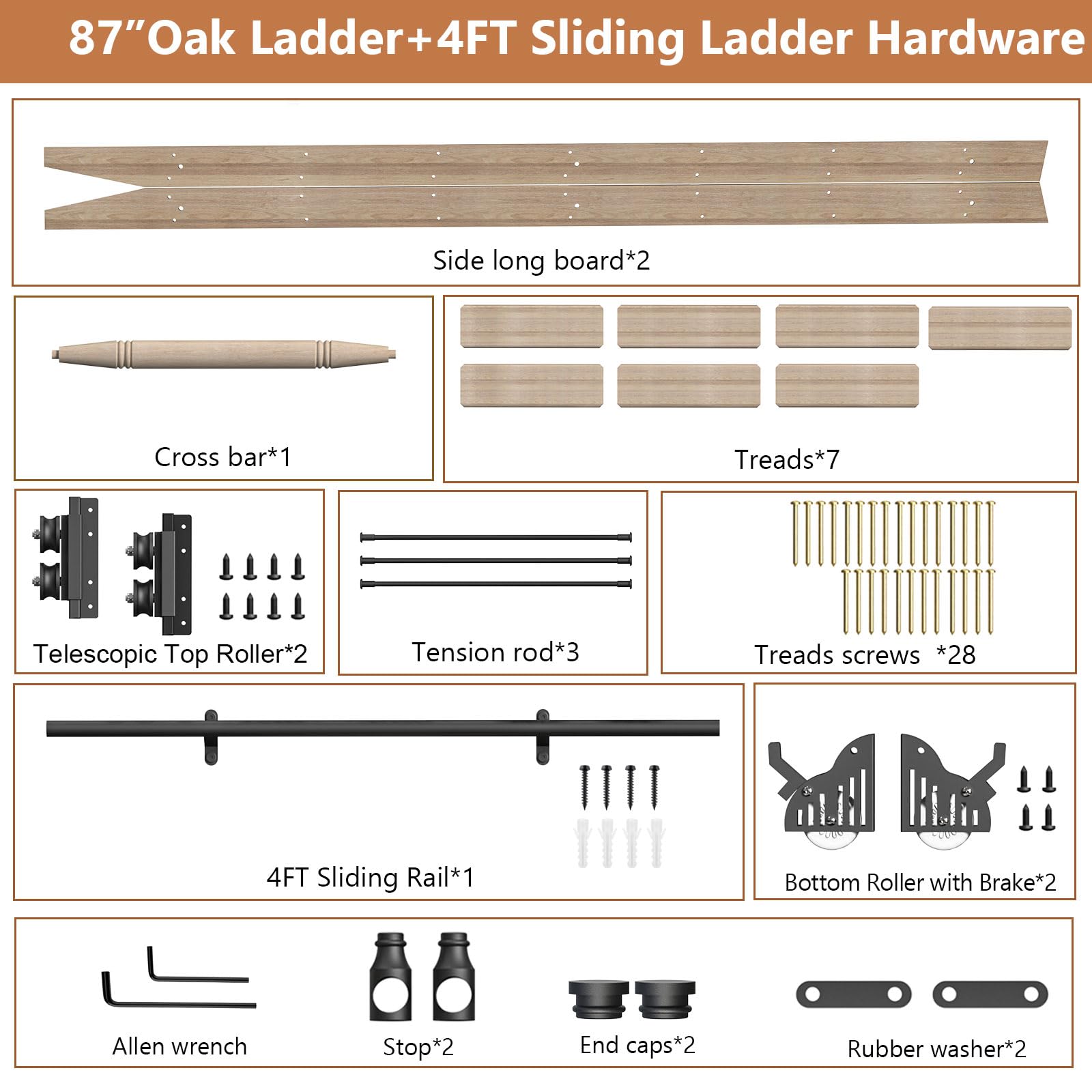 LKCBITION 87inch Heavy Duty Oak Wood Ladder with 4ft Telescoping Top Rollers & Bottom Brake Wheels Sliding Hardware, Rolling Library Ladder for Loft, Attic, Bookshelf