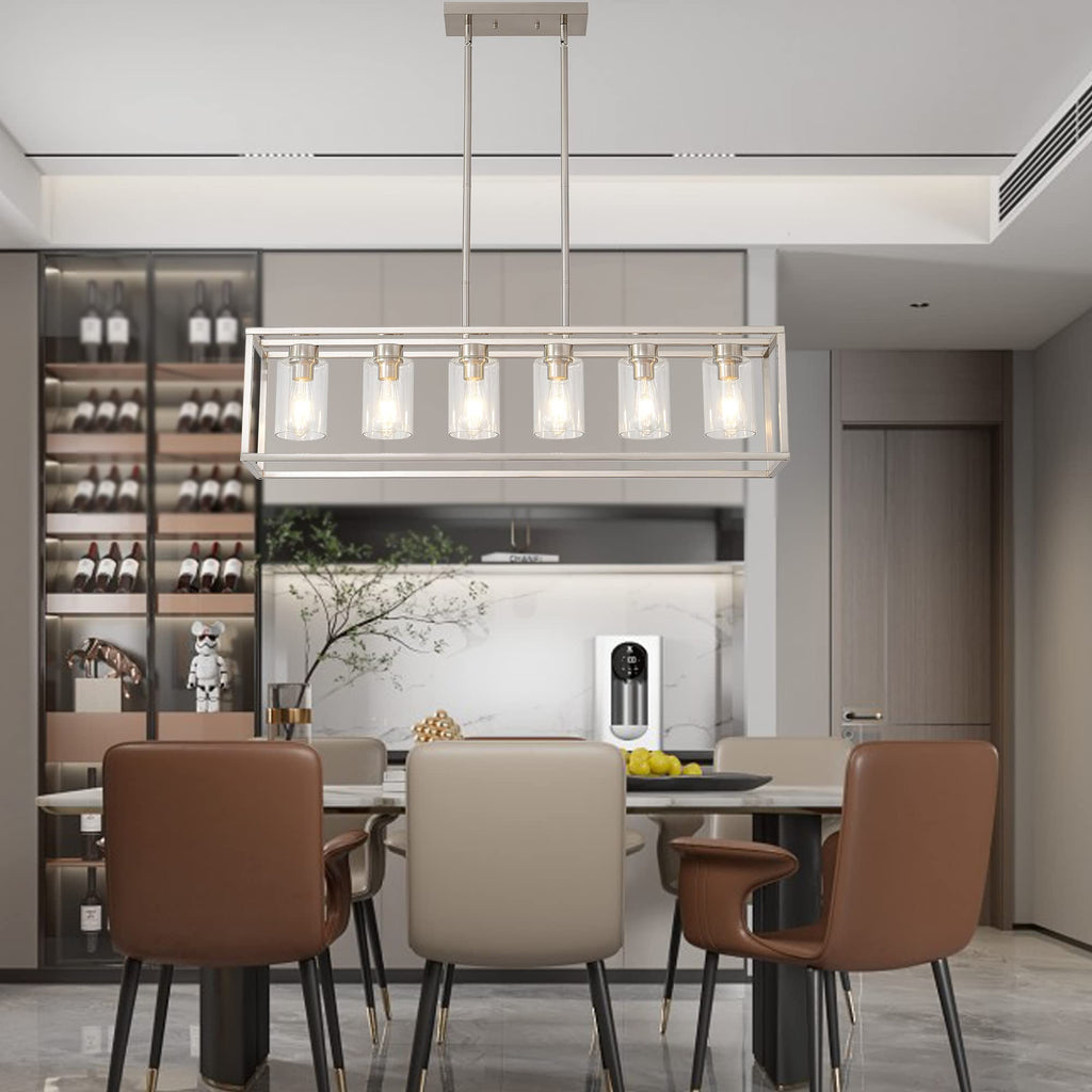 XILICON Dining Rooms Brushed Nickel Chandeliers,Kitchen Island Farmhouse Lighting Fixture Industrial Rustic Ceiling Hanging 6 Light Modern Pendant Light with Glass Shade