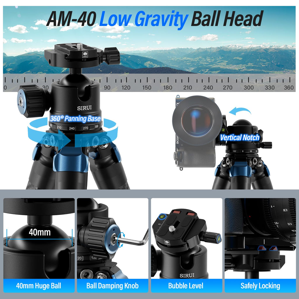 SIRUI AM-324 Professional Camera Tripod with AM-40 Low Gravity Ball Head, 60.4” Carbon Fiber Heavy Duty Tripod for Mirrorless Camera, DSLR, 4 Sections, 32mm Max Tube, Max Load 39.8lb/18kg