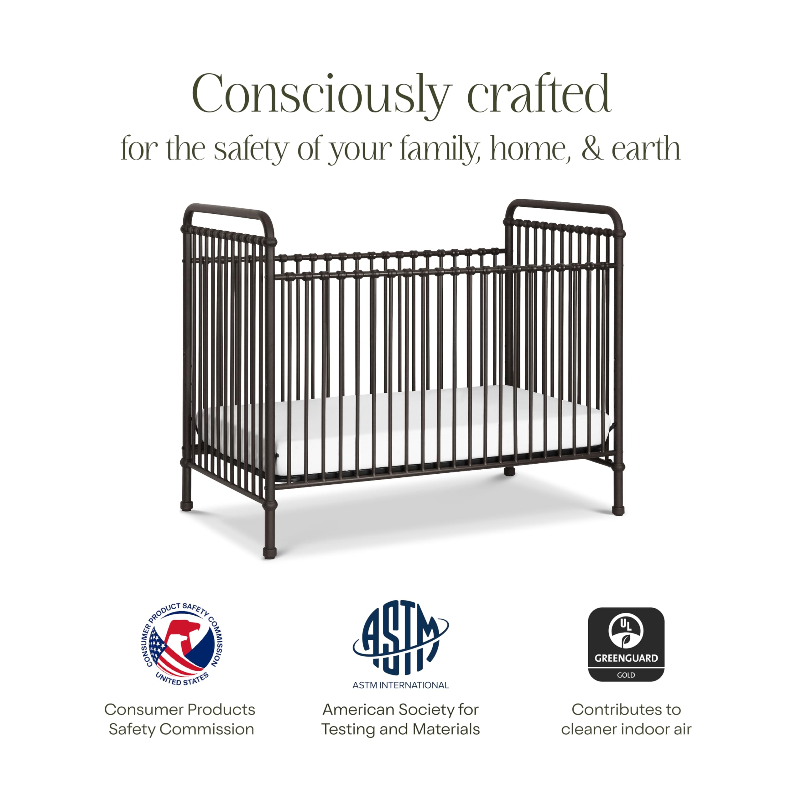 Namesake Abigail 3-in-1 Convertible Metal Crib in Vintage Iron, Greenguard Gold Certified