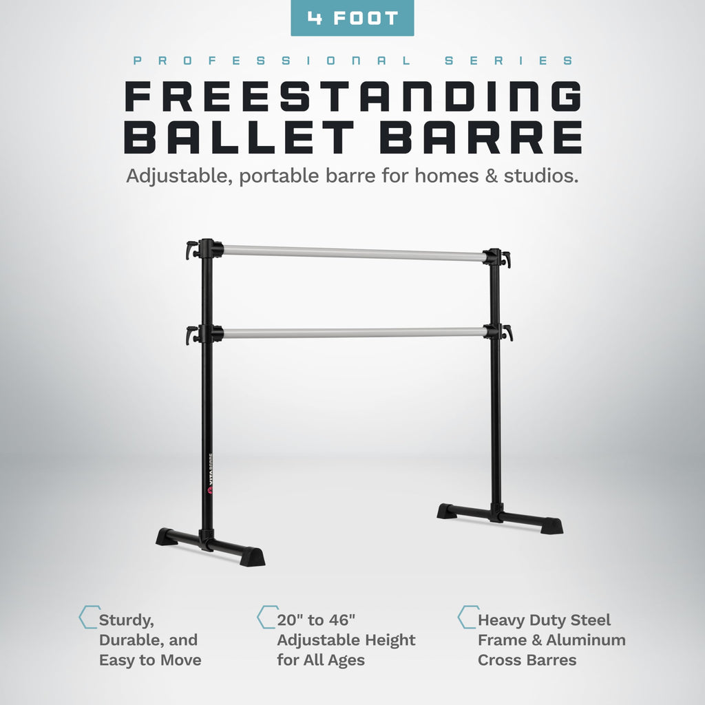 VITA Barre Portable Freestanding Double Ballet Barre, Professional, 4 Ft Bars, Black, Aluminum | Adjustable Height, Made in USA, Home or Gym Exercise Equipment for All Ages | Dance, Fitness, Pilates