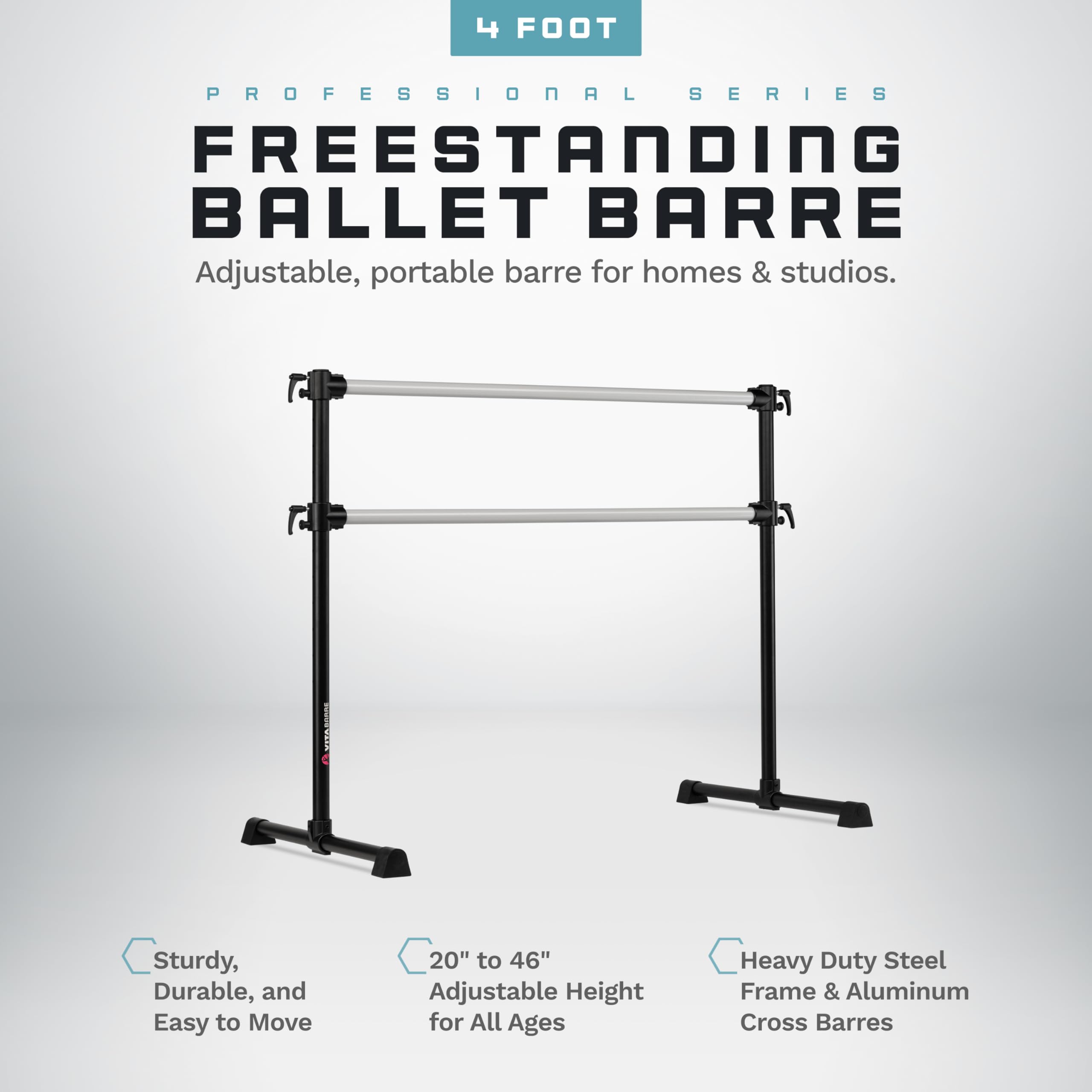 VITA Barre Portable Freestanding Double Ballet Barre, Professional, 4 Ft Bars, Black, Aluminum | Adjustable Height, Made in USA, Home or Gym Exercise Equipment for All Ages | Dance, Fitness, Pilates