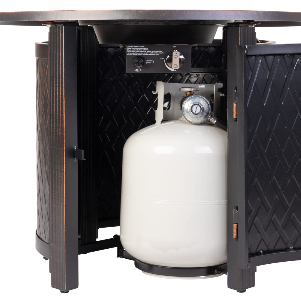 Fire Sense 62988 Wagner Woven Aluminum Convertible Gas Fire Pit Table 37,000 BTU Multi-Functional Outdoor with Fire Bowl Lid, Nylon Weather Cover & Clear Fire Glass - Bronze Finish - Round - 34"