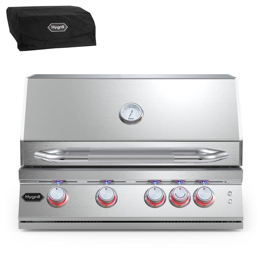 Hygrill Premium XTR 32-Inch Built In Grill, Stainless Steel 4-Burner Grill Head for Outdoor Kitchen with Rear Infrared Burner and LED Lights, Natural Gas