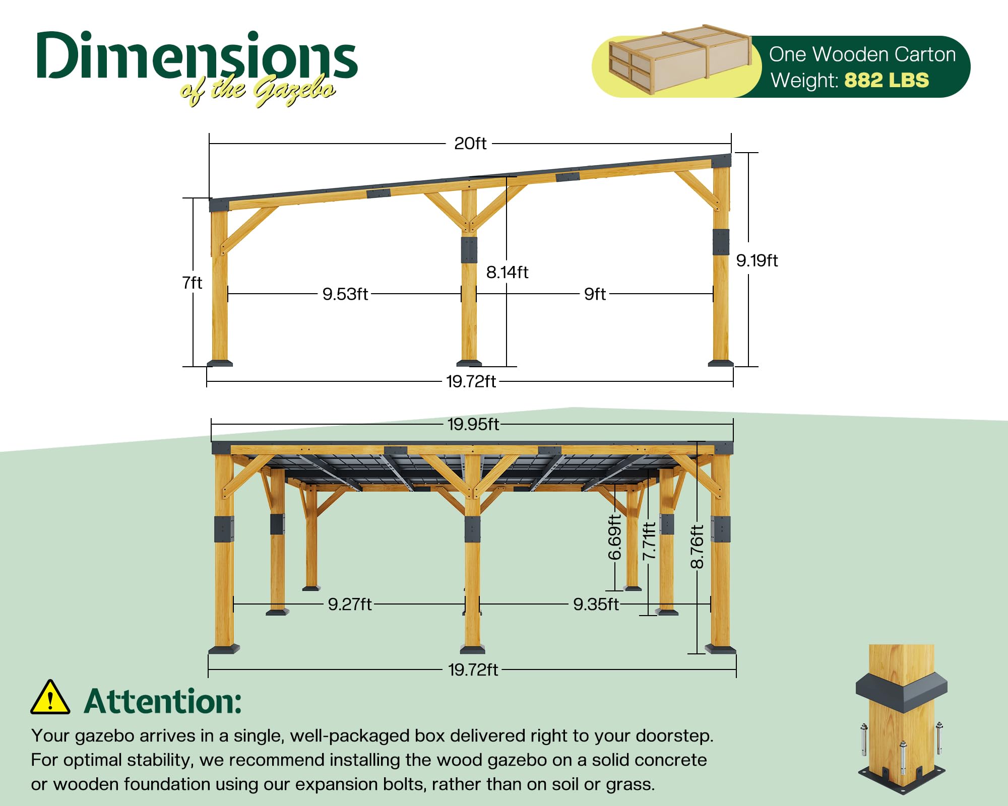 Jocisland 20' x 20' Cedar Wood Gazebo with Sloped Galvanized Steel Roof, Hardtop Gazebo Pavilion with Durable, Rot-Resistant Construction, Permanent Outdoor Pergola for Backyard, Garden & Deck