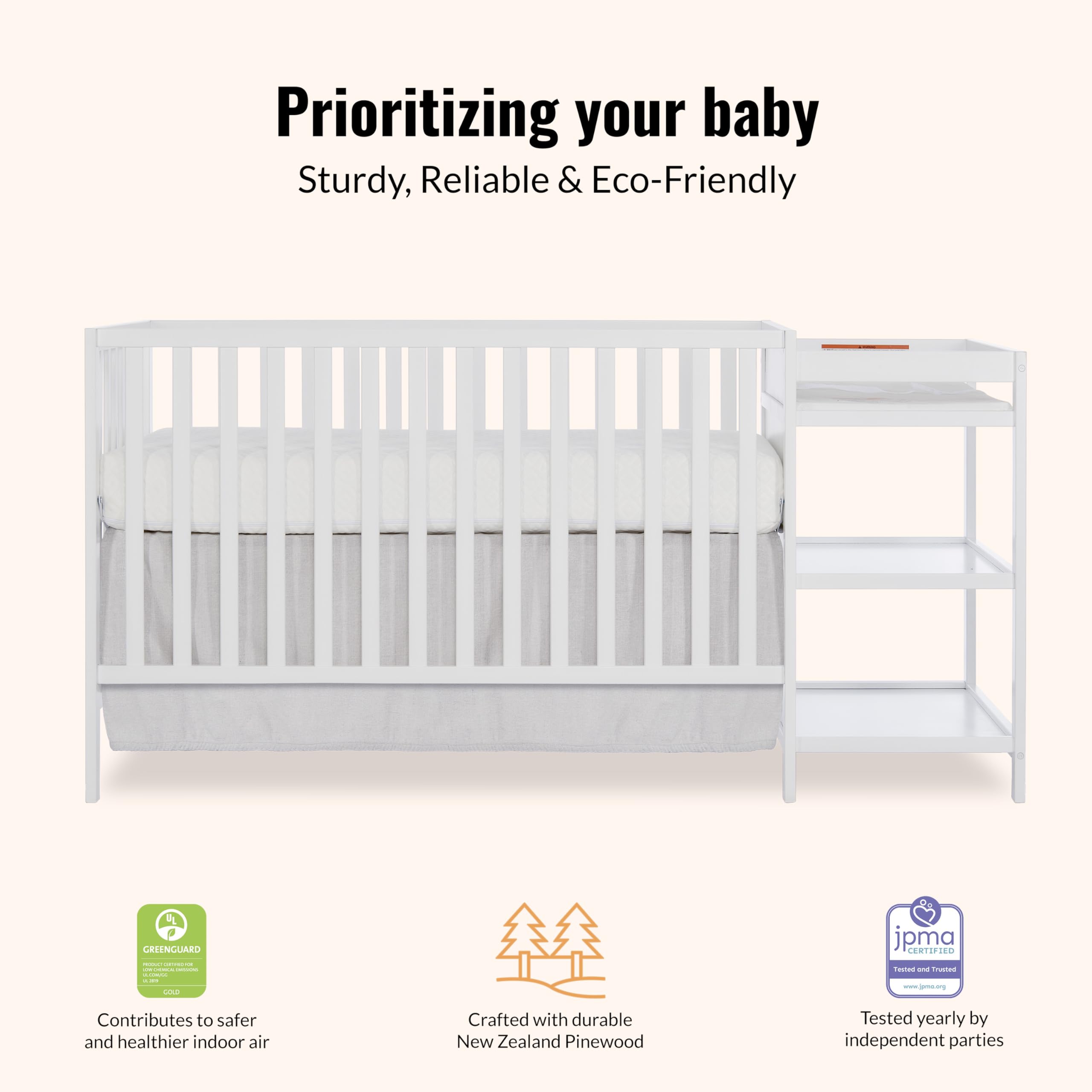 Dream On Me Synergy 3-in-1 Convertible Full-Size Baby Crib & Changer, White, Open Storage, GreenGuard Gold & JPMA, Pinewood, Converts to Day & Toddler Bed, 4 Mattress Heights, 1″ Changing Pad,