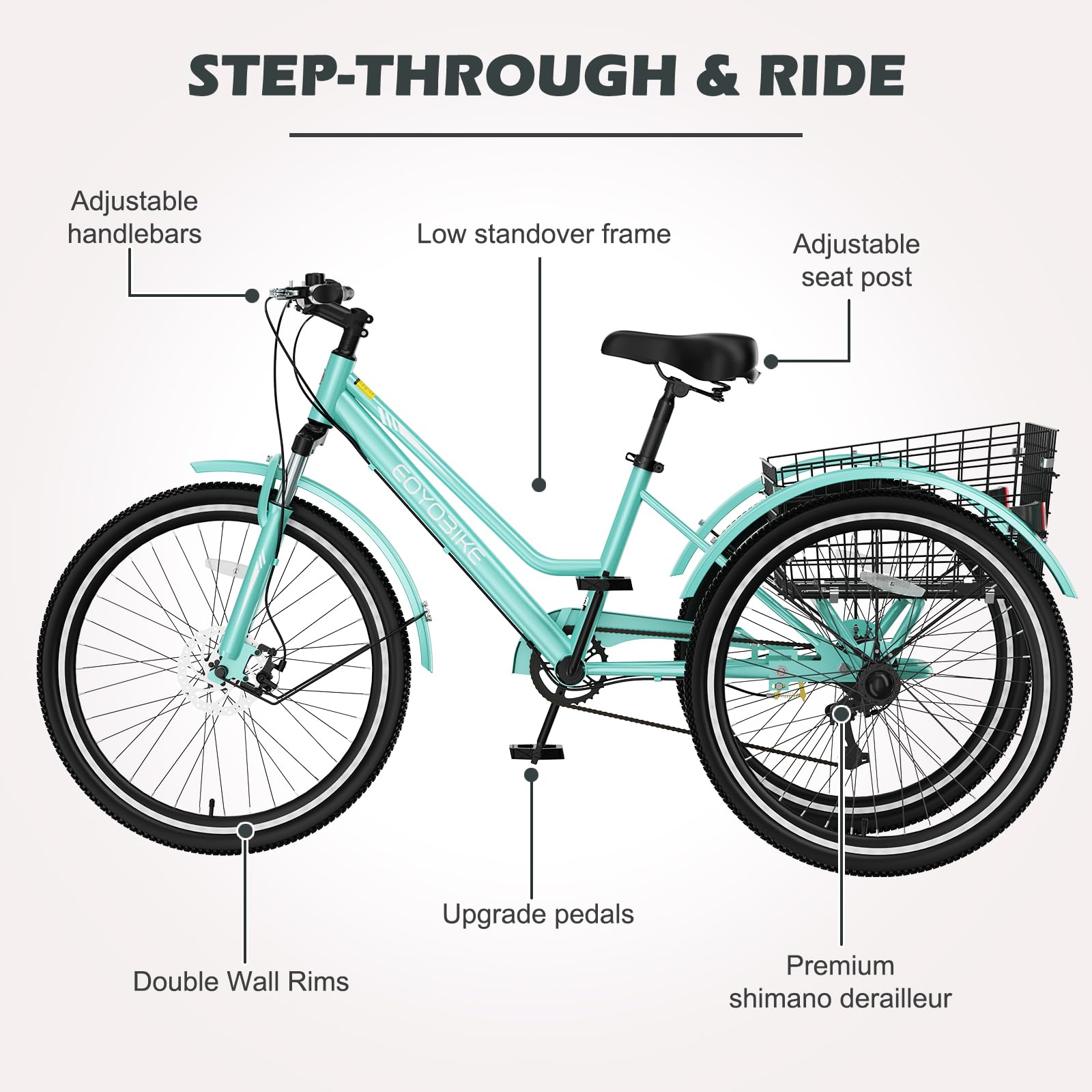 H&ZT Adult Tricycle, 3 Wheeled Bike, Trike Cruiser Bike, with 7-Speed Gear, Parking Brake Handle, Low Step, Large Rear Basket, Elderly Friendly, for Men, Women, and Teens