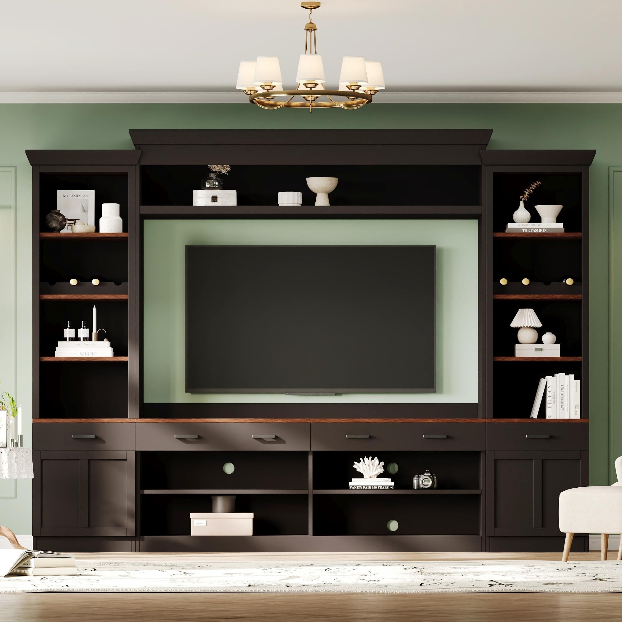 Merax Minimalist Entertainment Wall Unit Set with Ample Storage Space and Adjustable Shelves, TV Stand for Televisions Up to 70'', Mid-Century Large Media Console with Wine Rack for Living Room, Black