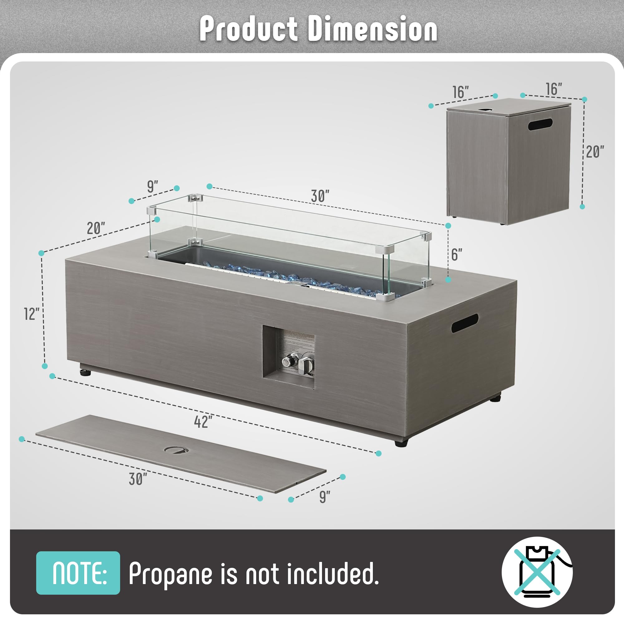Werph 42’’ Propane Fire Pit Table Set with Tank Holder, CSA Certifed 50,000 BTU Outdoor Firepit Table, Wind Guard & Glass Stones, Smoke-Free Rectangular Fire Table for Garden Porch Backyard