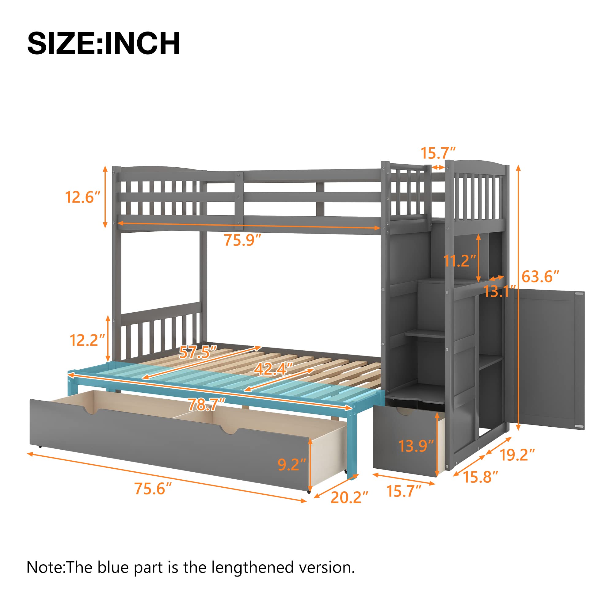 Merax Twin Over Full/Twin Bunk Bed with Stairs & Storage, 3-in-1 Convertible Bottom Bed with Storage Shelves and Drawers, Bunk Bed with Guardrails for Bedroom, Gray