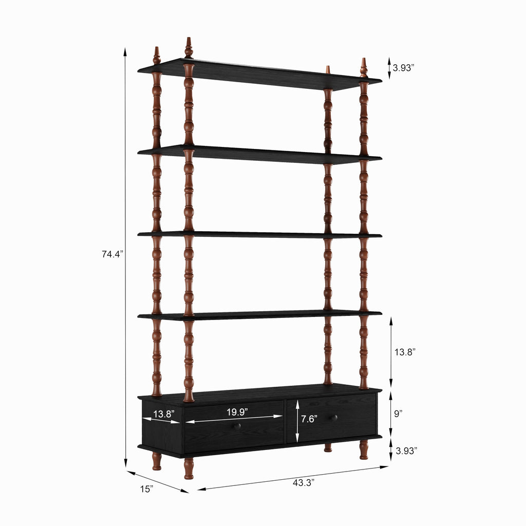 KEIKI 74.4 Inch Bookcase Shelf, 5 Tier Wood Book Shelf, Large Open Shelves with Storage Drawers, Solid Wood Veneered Free Standing Shelves for Living Room, Study Room, Black