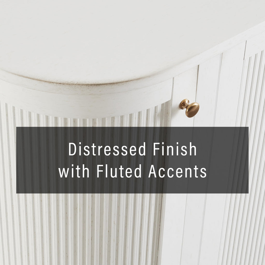 Crosley Furniture Monique Sideboard Traditional Buffet Cabinet with Storage Shelves, Fluted Doors, Distressed White