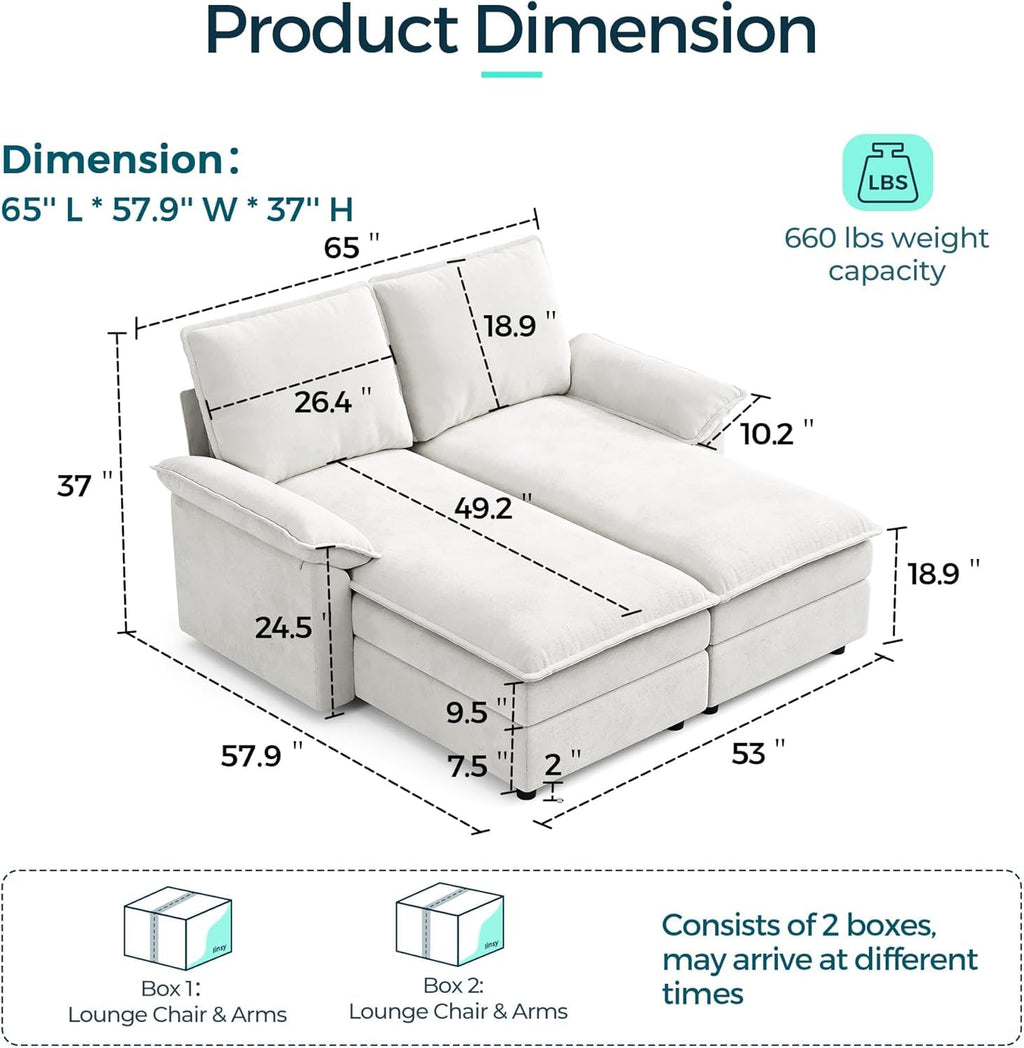 LINSY HOME Modular Sofa Chaise Lounge, 65" Cloud Sofa Bed Lounge with Armrests, Chenille Sleeper Sofa for Living Room, Apartment, Home Theater, Beige